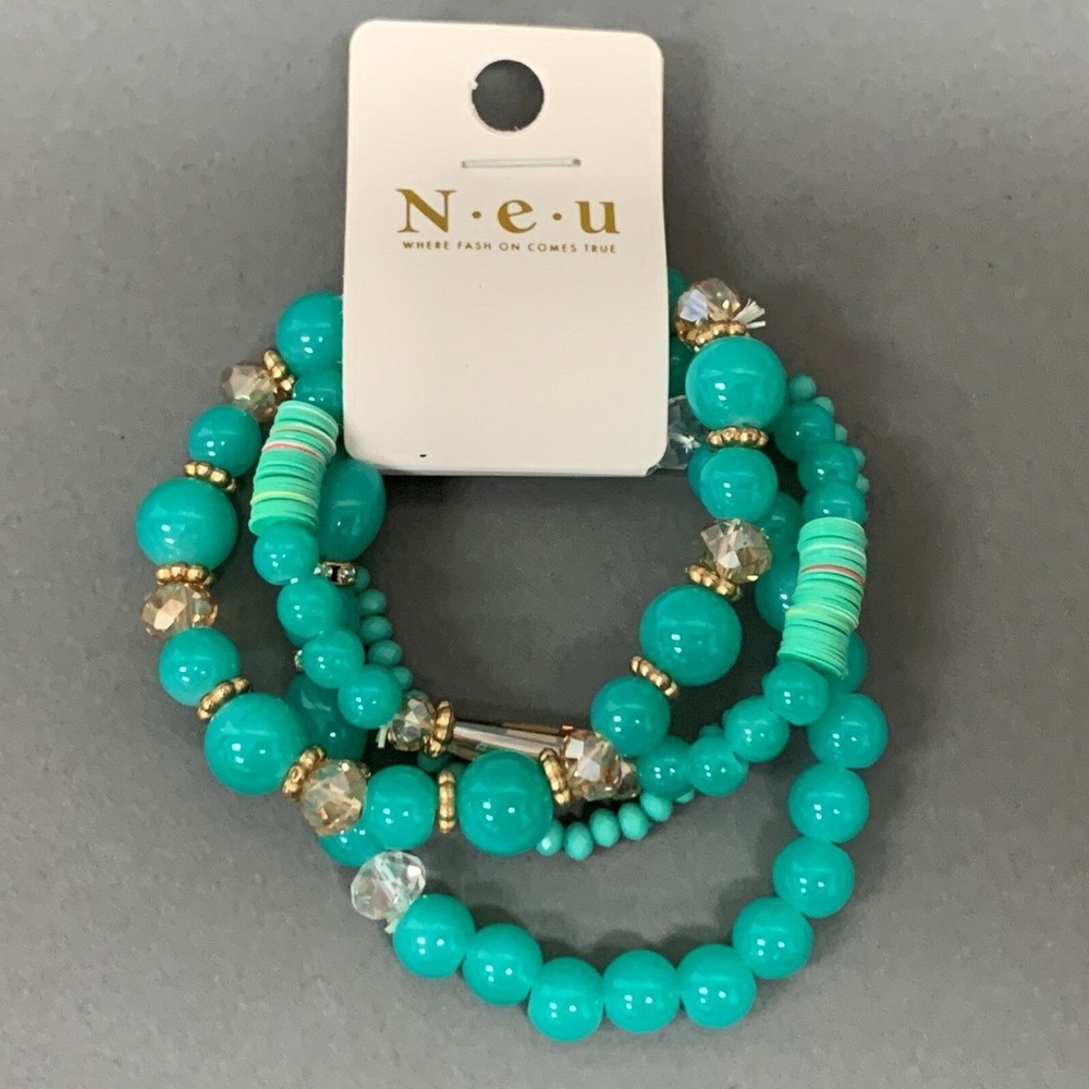 Neu‎ Blue Green Gold-tone Beaded Stretch Bracelet Lot of 4 NWT